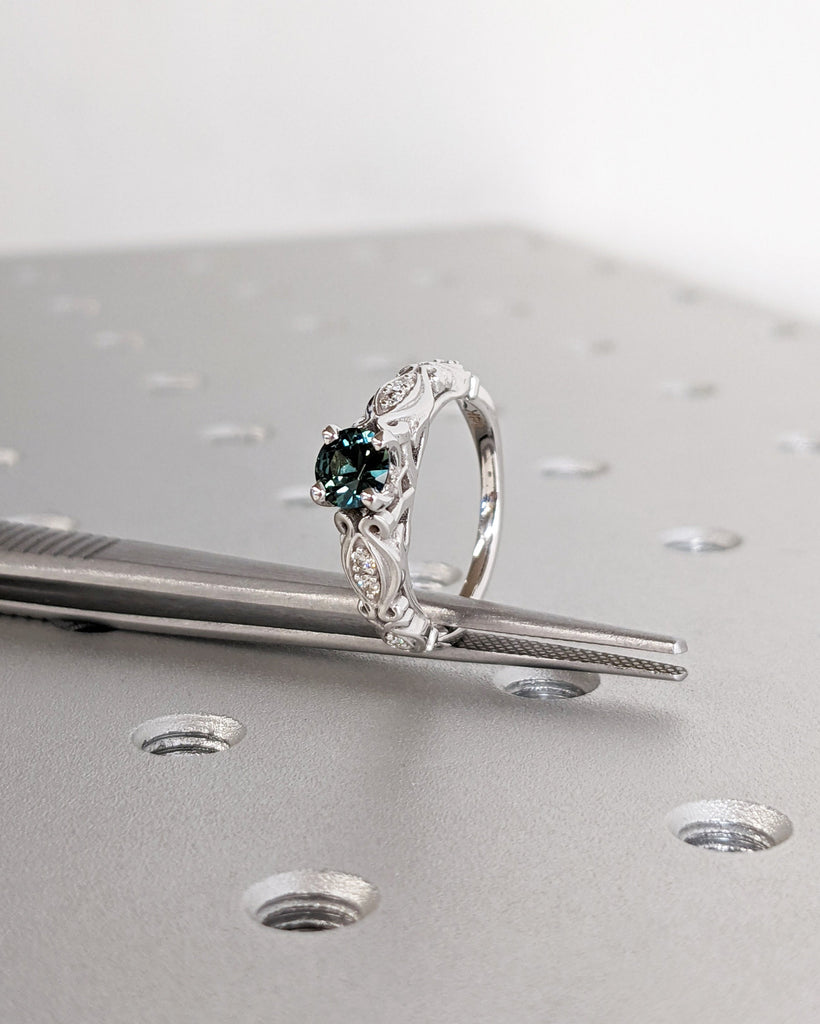 Peacock Sapphire Engagement Ring Vintage Round Cut Dark Green Sapphire 14K White Gold Teal Sapphire Diamond Eternity Ring Anniversary Gift