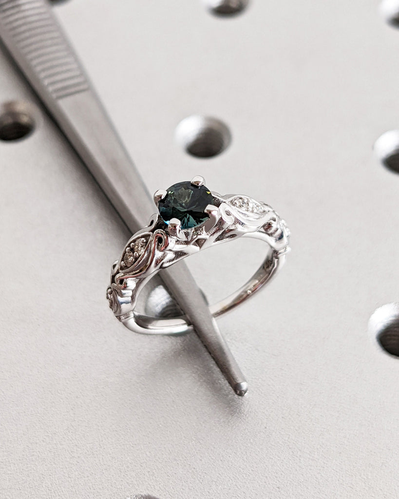 Peacock Sapphire Engagement Ring Vintage Round Cut Dark Green Sapphire 14K White Gold Teal Sapphire Diamond Eternity Ring Anniversary Gift