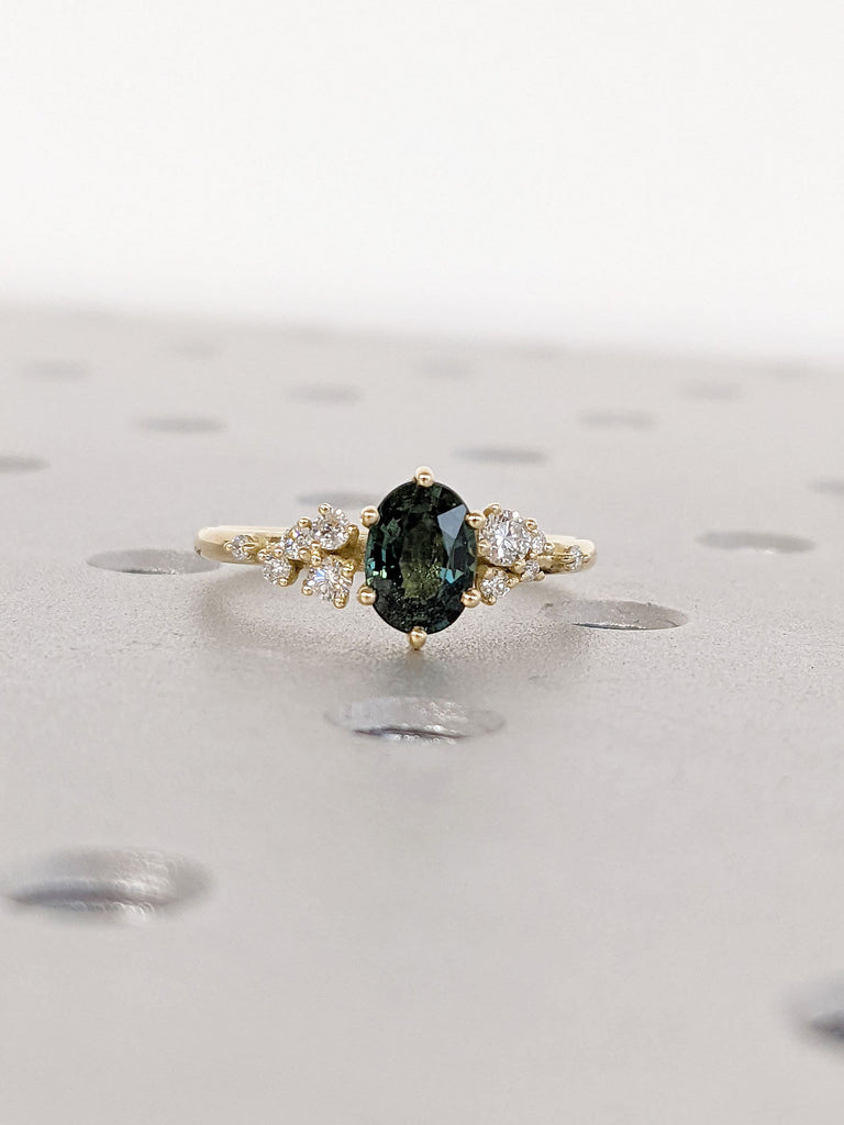 1ct Oval cut Natural Montana Peacock Sapphire Diamond Snowdrift 18K Yellow Gold Engagement Ring for Her