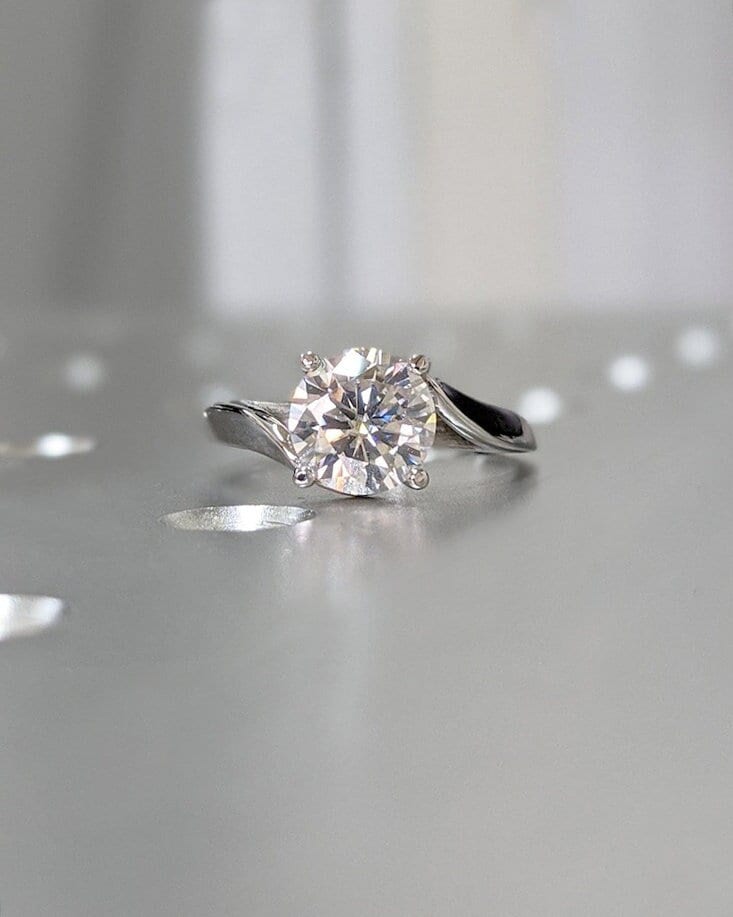 Round Cut Twist Gold Band Lab Created Diamond Engagement Ring, Diamond Wedding Rings, Unique Split Shank Gold Anniversary Gift Ring For Love