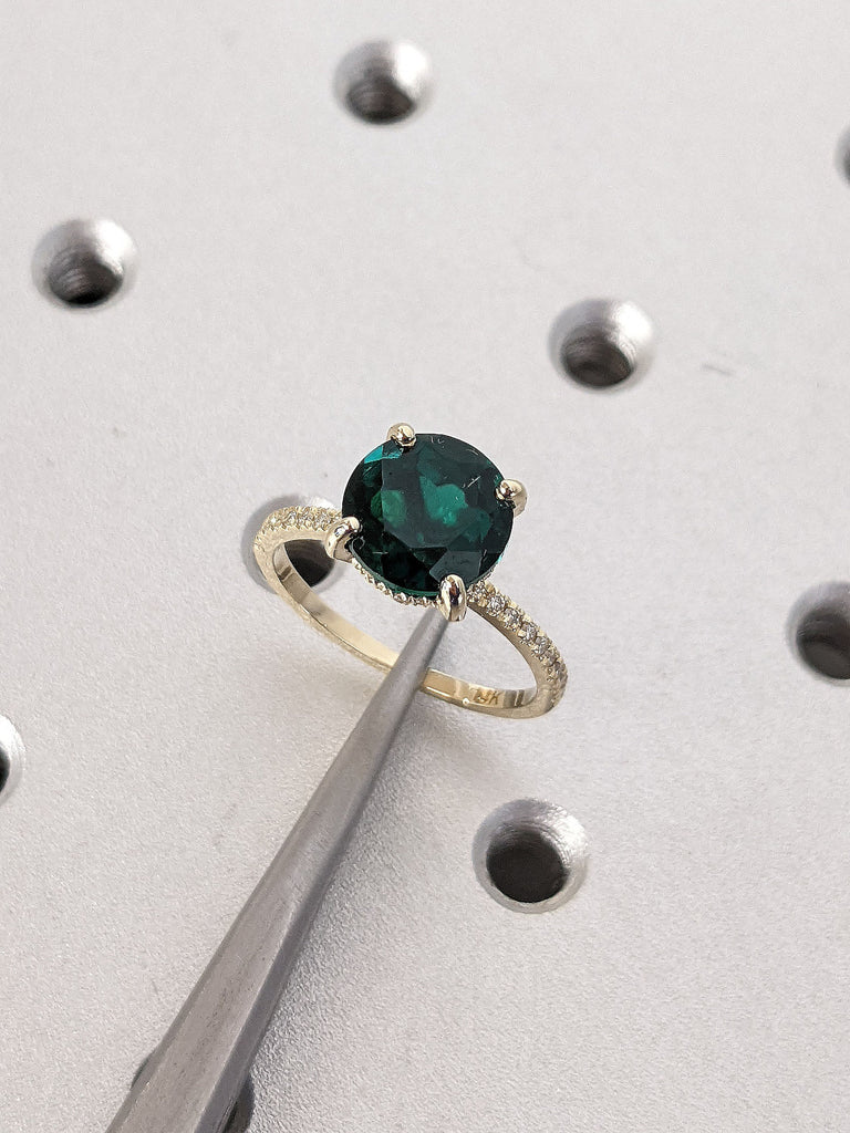 Round cut Lab Cultured Emerald Moissanite Hidden Halo 18K Yellow Gold Unique Proposal Ring for Her