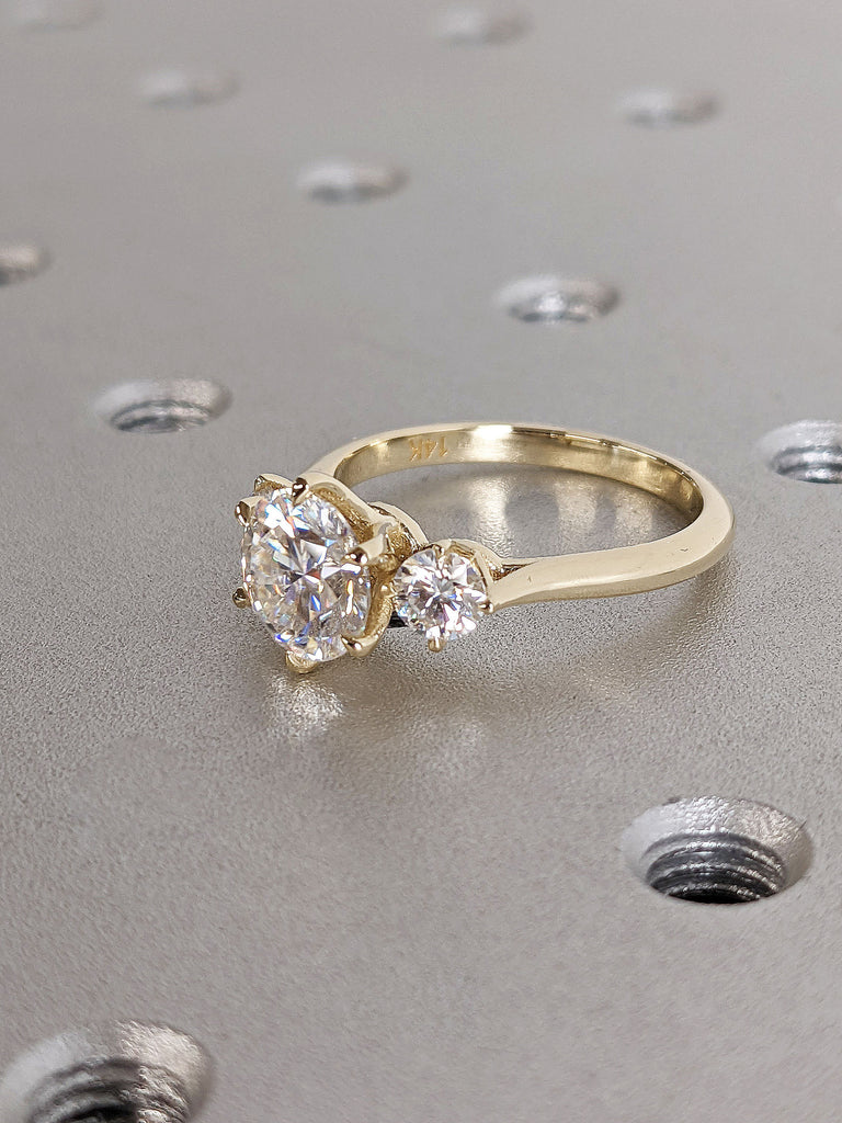 Round cut Moissanite Three Stone Trellis Engagement Ring | 14K Yellow Gold Multi Stone Unique Proposal Ring | Alternative Bridal Jewelry