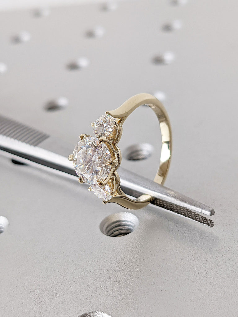 1.5ct Three Stone Round Lab Cultured Diamond Trellis 14K Yellow Gold Promise Ring for Her