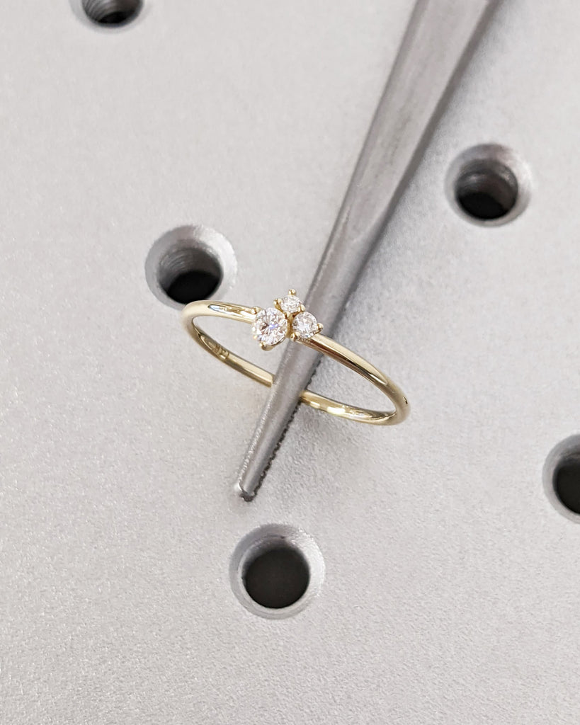 Petite Trellis Set Engagement Ring, Dainty Band Trio Round Cut Natural Diamond/Lab Diamond/Moissanite Promise Ring, 14K/18K Gold or Platinum