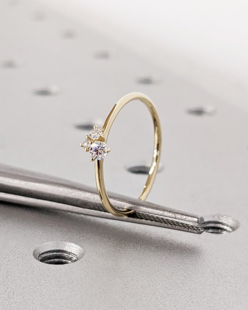 Dainty 3 Diamonds Ring in 14k Solid Gold, Lovely Gift for Her, Delicate Stackable Ring, Thin Diamond Ring, Moissanite Clusters, Minimalist
