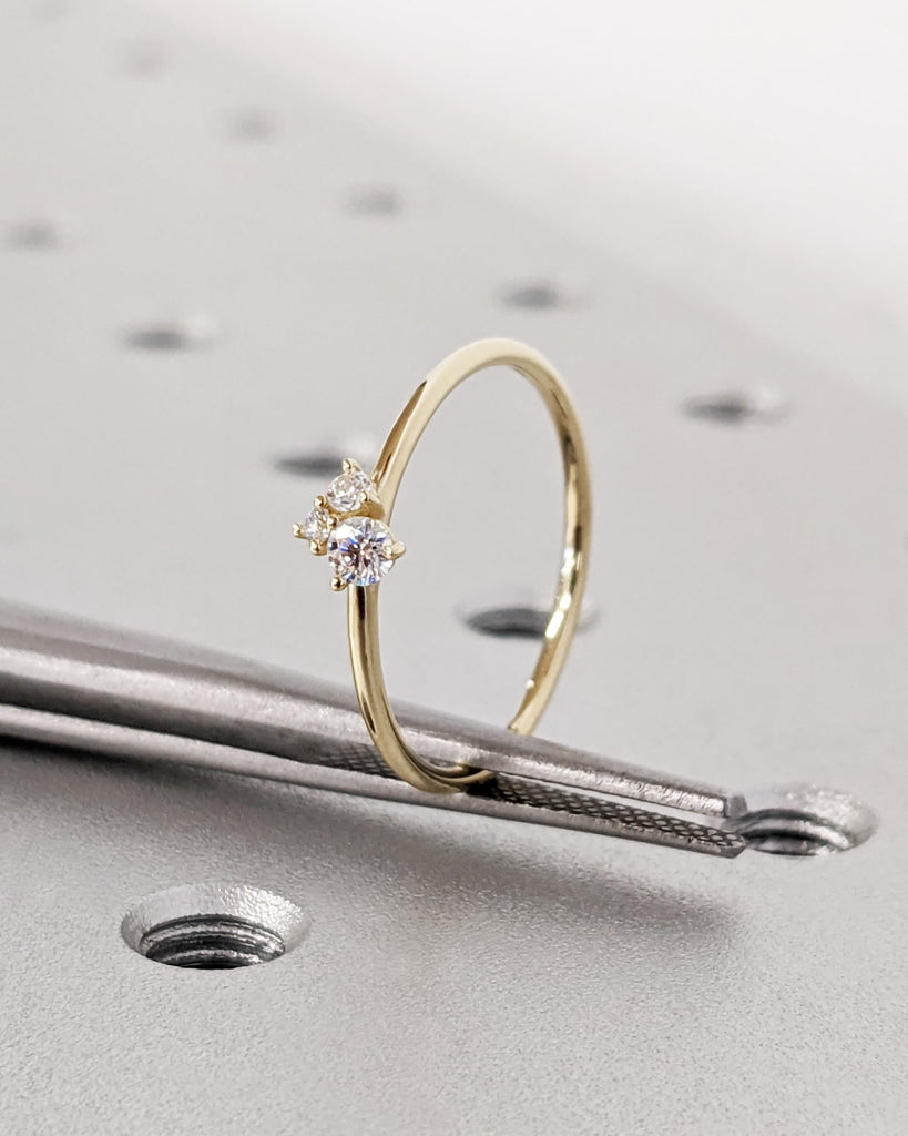 Petite Trellis Set Engagement Ring, Dainty Band Trio Round Cut Natural Diamond/Lab Diamond/Moissanite Promise Ring, 14K/18K Gold or Platinum