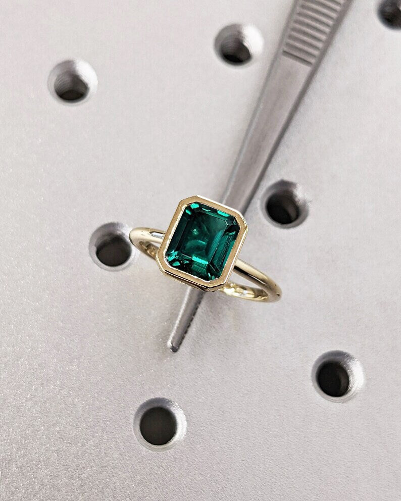 Unique May Birthstone Ring, Emerald Cut Emerald Engagement Ring, Bezel Set Emerald Anniversary Ring For Her, Vintage Solitaire Promise Ring