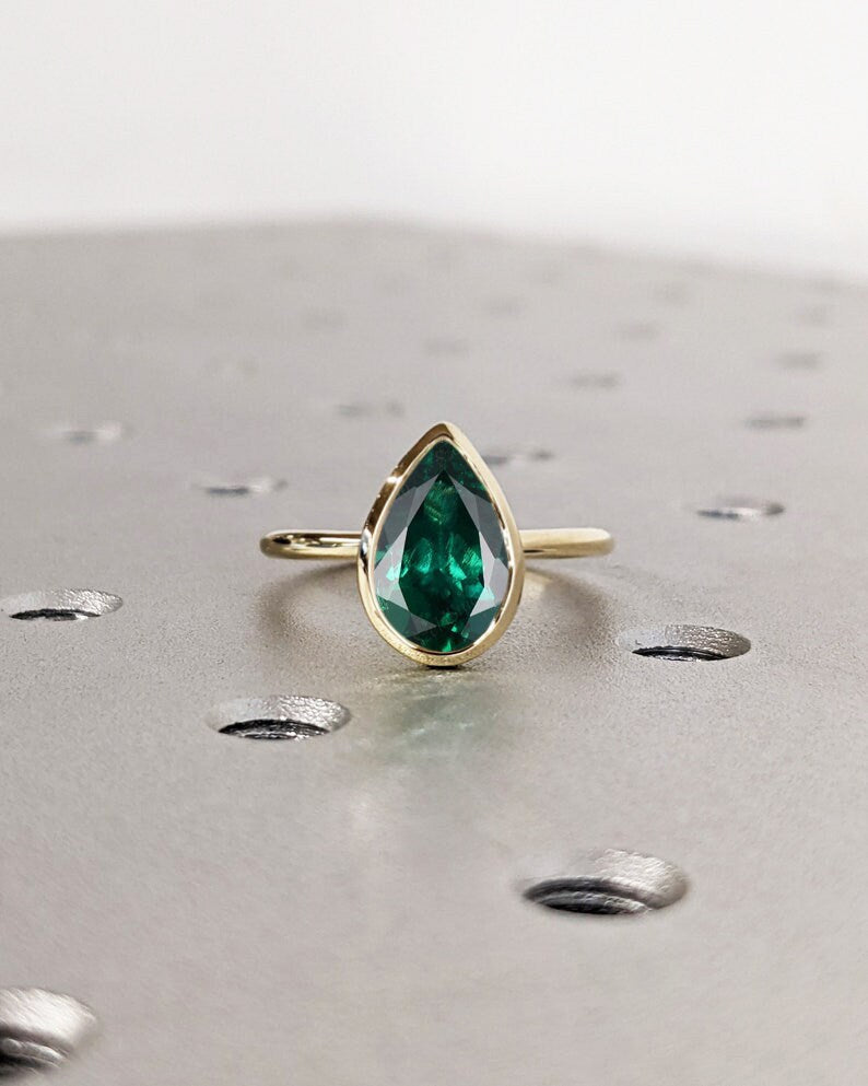 Unique May Birthstone Ring, Pear Cut Emerald Engagement Ring, Bezel Set Emerald Anniversary Ring For Women, Vintage Solitaire Promise Ring