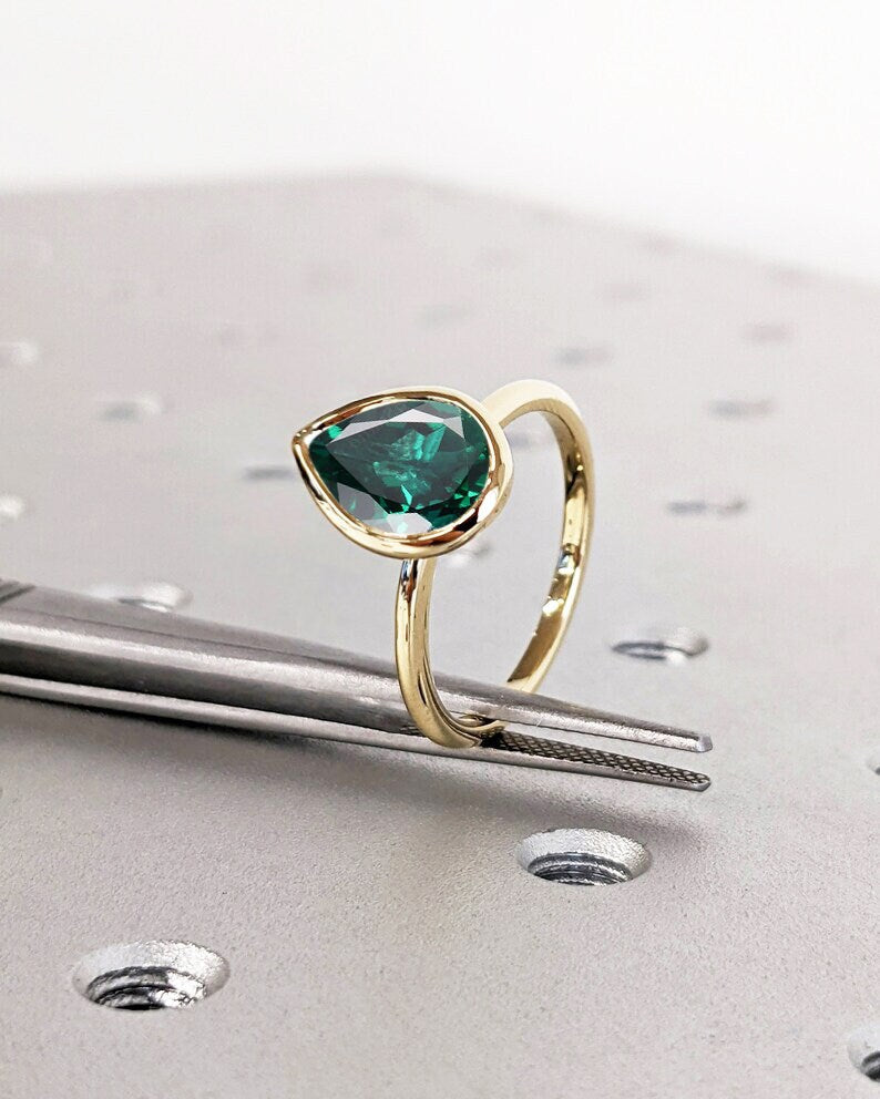 Unique May Birthstone Ring, Pear Cut Emerald Engagement Ring, Bezel Set Emerald Anniversary Ring For Women, Vintage Solitaire Promise Ring