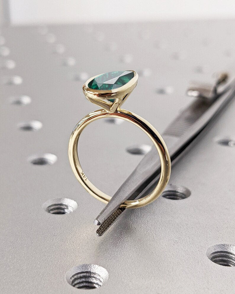 Unique May Birthstone Ring, Pear Cut Emerald Engagement Ring, Bezel Set Emerald Anniversary Ring For Women, Vintage Solitaire Promise Ring
