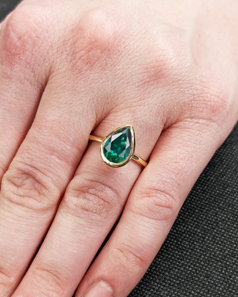 Unique May Birthstone Ring, Pear Cut Emerald Engagement Ring, Bezel Set Emerald Anniversary Ring For Women, Vintage Solitaire Promise Ring