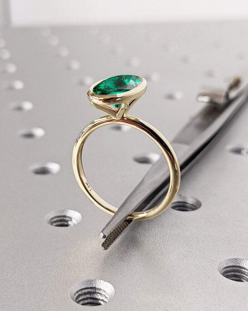 Unique May Birthstone Ring, Oval Cut Emerald Engagement Ring, Bezel Set Emerald Anniversary Ring For Women, Vintage Solitaire Promise Ring