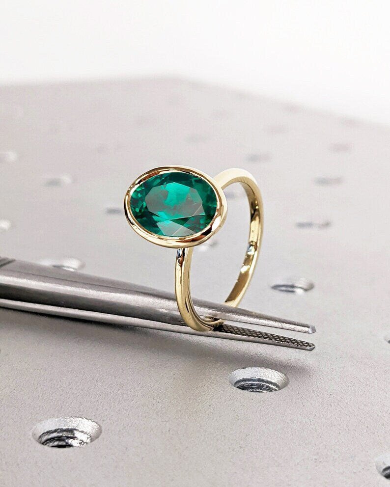 Unique May Birthstone Ring, Oval Cut Emerald Engagement Ring, Bezel Set Emerald Anniversary Ring For Women, Vintage Solitaire Promise Ring