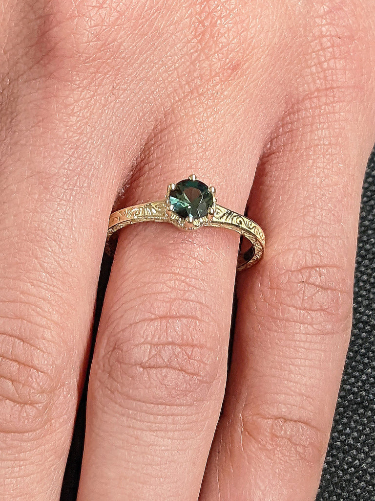 Round cut Natural Montana Teal Blue Green Sapphire Solitaire Moissanite Hidden Halo Proposal Ring Yellow Gold Filigree Engraving