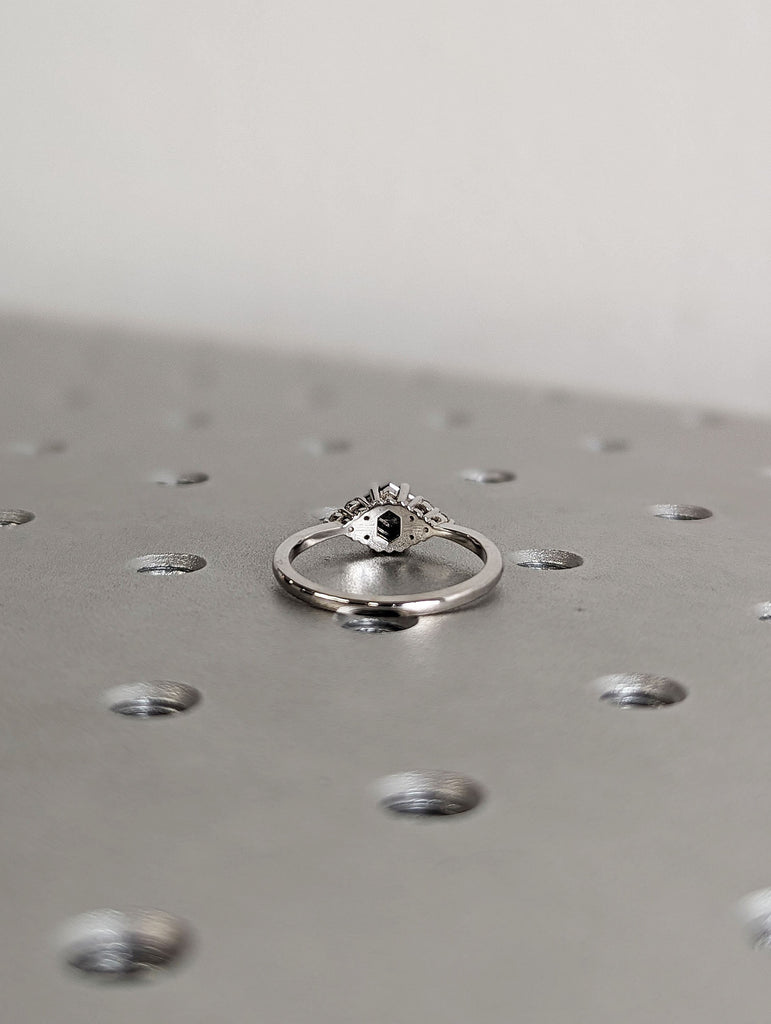 Hexagon cut Natural Salt and Pepper Galaxy Diamond Engagement Cocktail Ring for Her | White Gold, Platinum Moissanite Cluster Proposal Ring