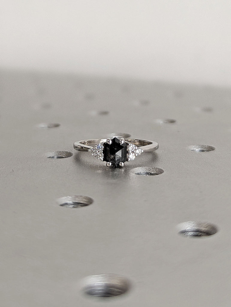 Hexagon cut Natural Salt and Pepper Galaxy Diamond Engagement Cocktail Ring for Her | White Gold, Platinum Moissanite Cluster Proposal Ring