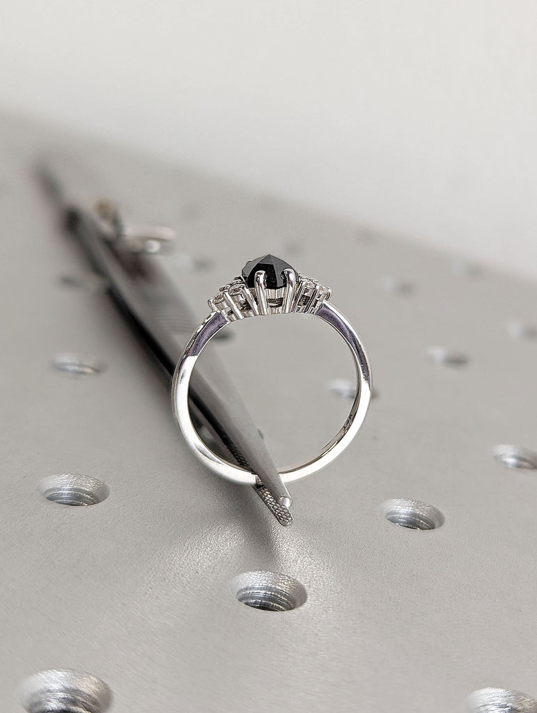 Hexagon cut Natural Salt and Pepper Galaxy Diamond Engagement Cocktail Ring for Her | White Gold, Platinum Moissanite Cluster Proposal Ring