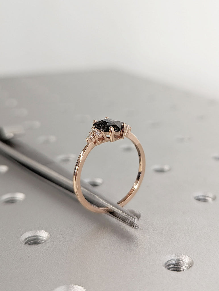 Rose Gold Hexagon Cut Salt and Pepper Diamond Unique Dainty Proposal Ring | Solid Gold Multi Stone Diamond Wedding Anniversary Ring