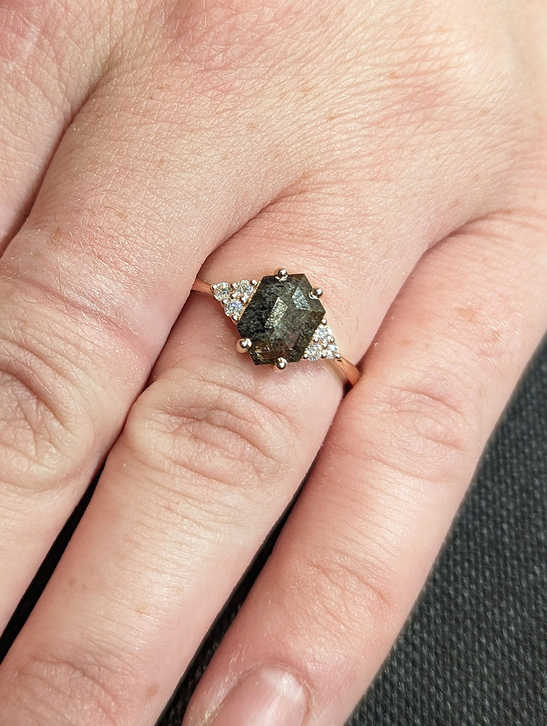 1ct Hexagon cut Natural Salt and Pepper Diamond Rose Gold Diamond Moissanite Cluster Unique Proposal Ring for Her