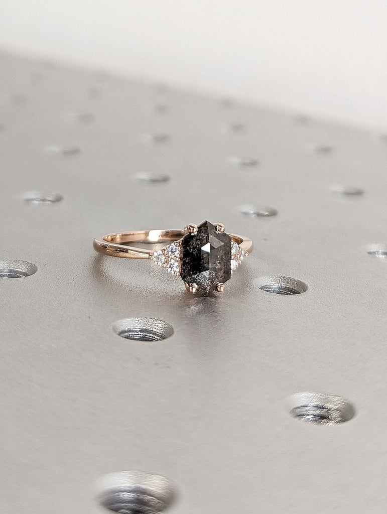 1ct Hexagon cut Natural Salt and Pepper Galaxy Diamond Women Engagement Cocktail Ring | 14K 18K Rose Gold Moissanite Cluster Promise Ring