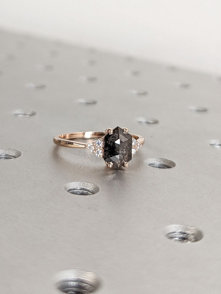 Rose Gold Hexagon Cut Salt and Pepper Diamond Unique Dainty Proposal Ring | Solid Gold Multi Stone Diamond Wedding Anniversary Ring