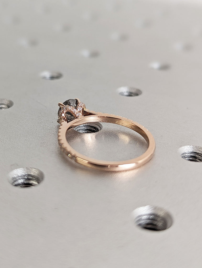 Round cut Natural Salt and Pepper Grey Diamond Hidden Halo Women Engagement Cocktail Ring | 14K 18K Rose Gold Half Eternity Wedding Band