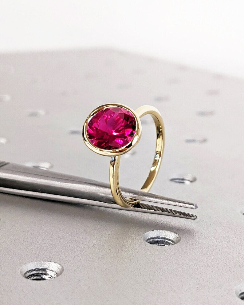 Bezel Set Ruby Ring 14K Solid Yellow Gold Gemstone Engagement Ring For Women -Dainty Promise Ring July Birthstone Anniversary Gift For Her