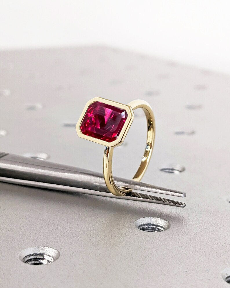 Bezel Set Ruby Ring 14K Solid Yellow Gold Gemstone Engagement Ring For Women -Dainty Promise Ring July Birthstone Anniversary Gift For Her