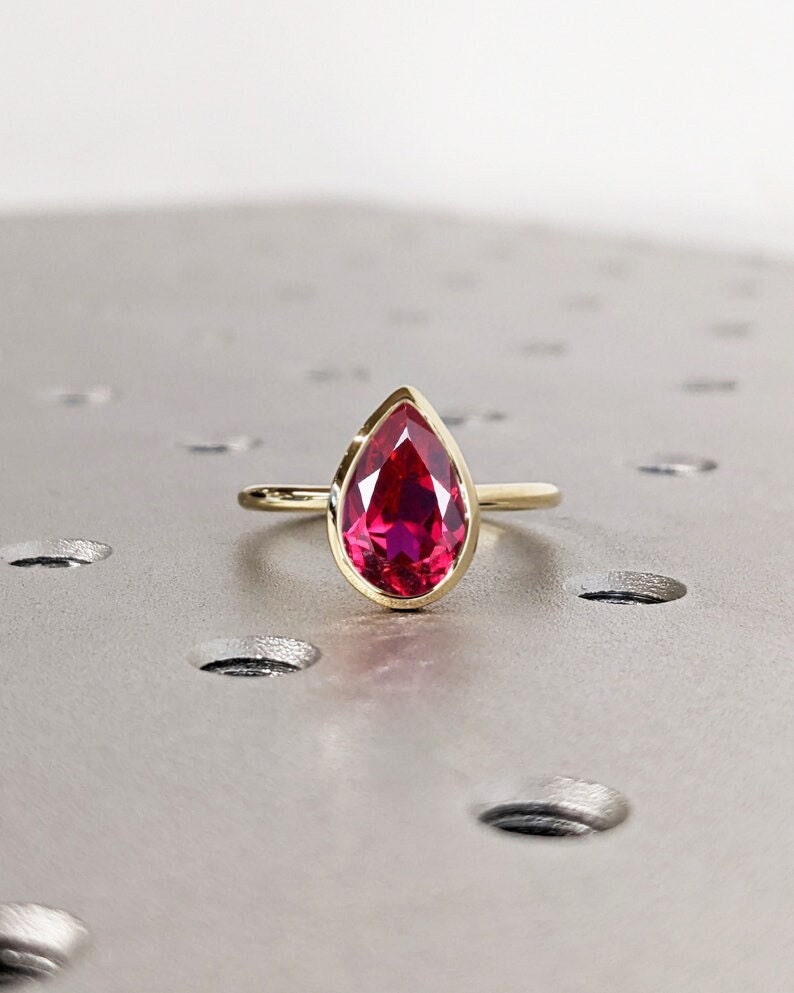 Bezel Set Ruby Ring 14K Solid Yellow Gold Gemstone Engagement Ring For Women -Dainty Promise Ring July Birthstone Anniversary Gift For Her