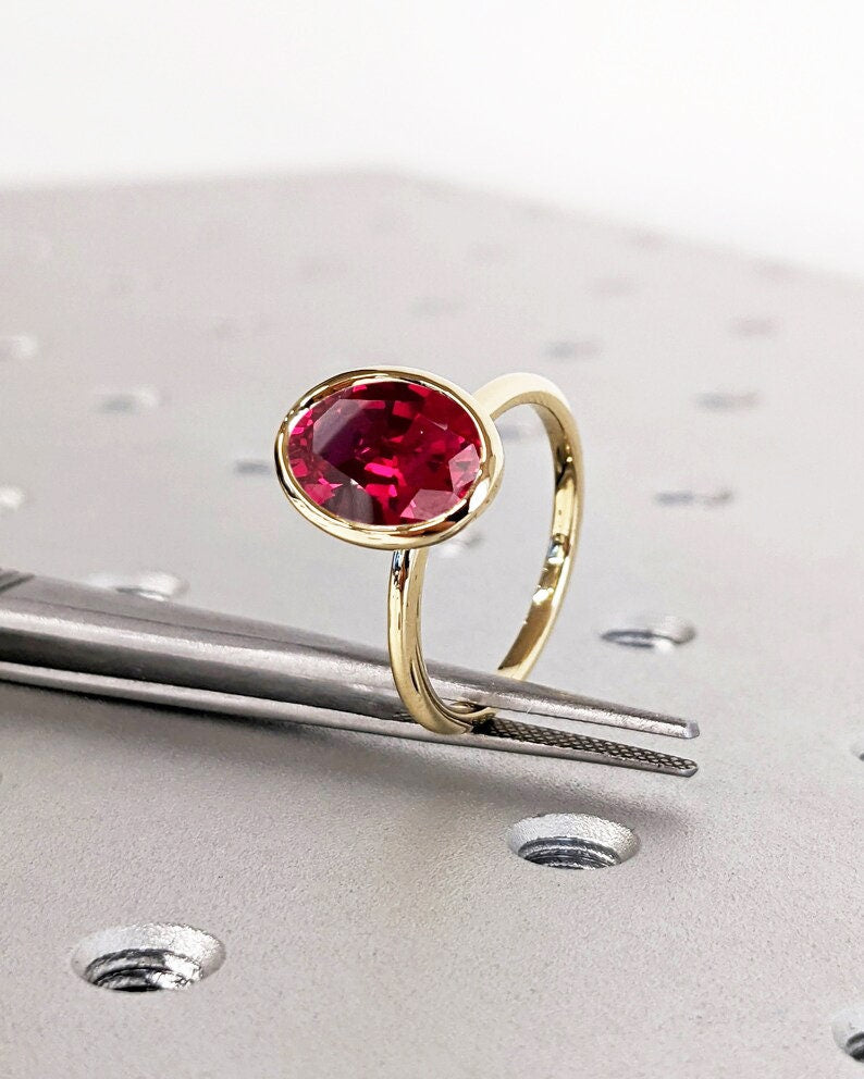 Bezel Set Ruby Ring 14K Solid Yellow Gold Gemstone Engagement Ring For Women -Dainty Promise Ring July Birthstone Anniversary Gift For Her