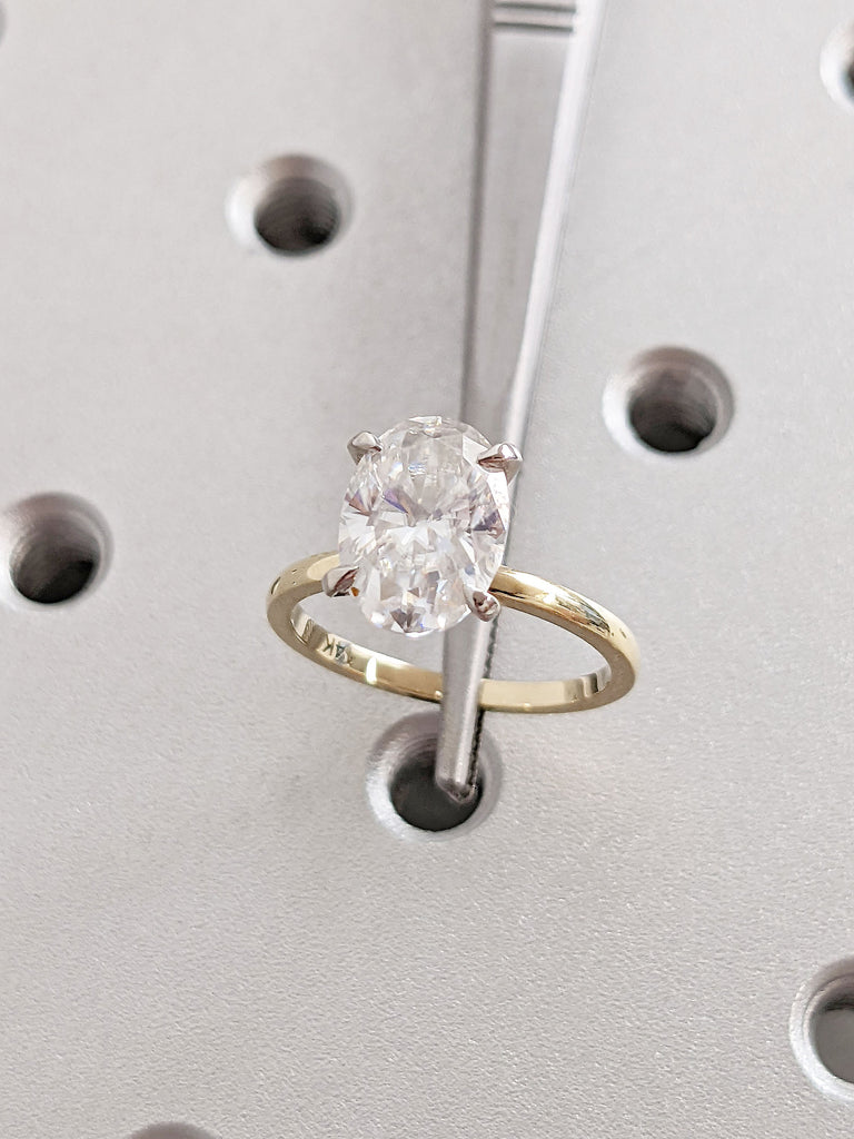 Two Tone Oval cut Moissanite Solitaire Women Engagement Ring | Minimalist White, Yellow Solid Gold Band | Classic Talon Prong Diamond Jewelry