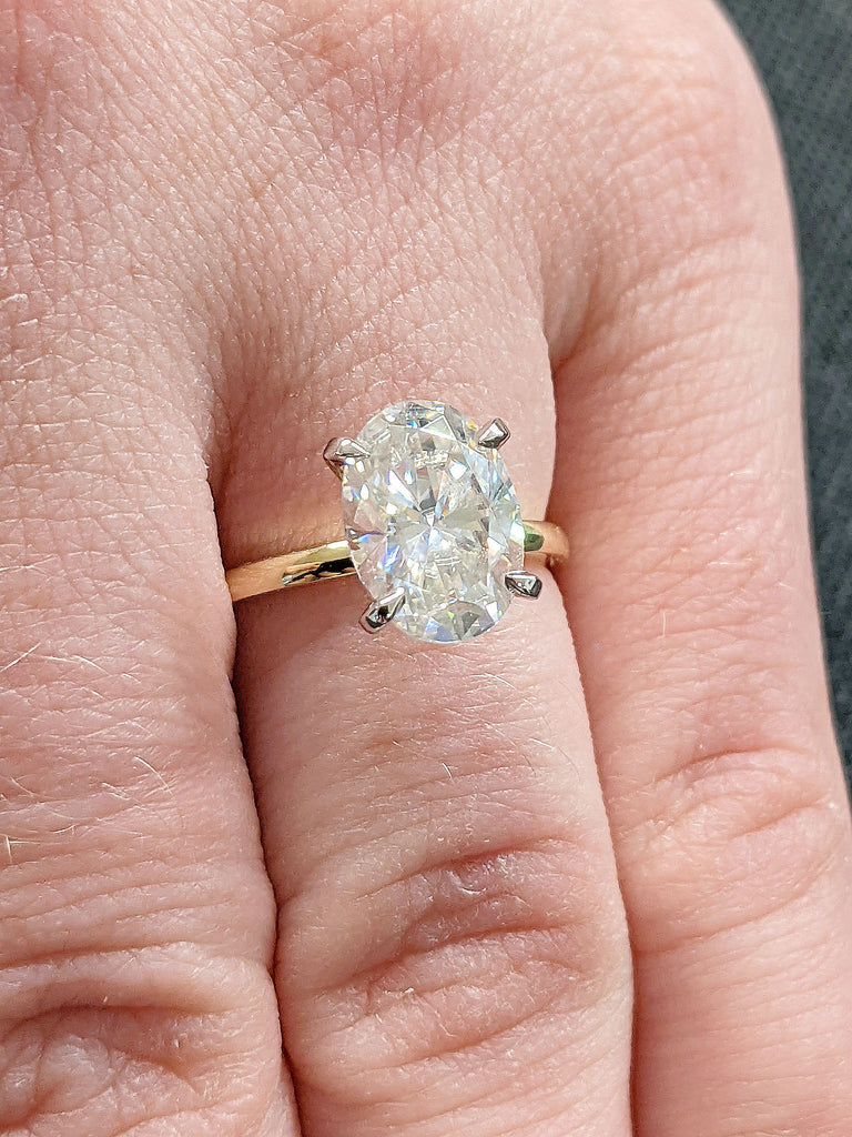 Oval cut Moissanite Solitaire Proposal Ring for Her. Timeless White, Yellow Gold Band