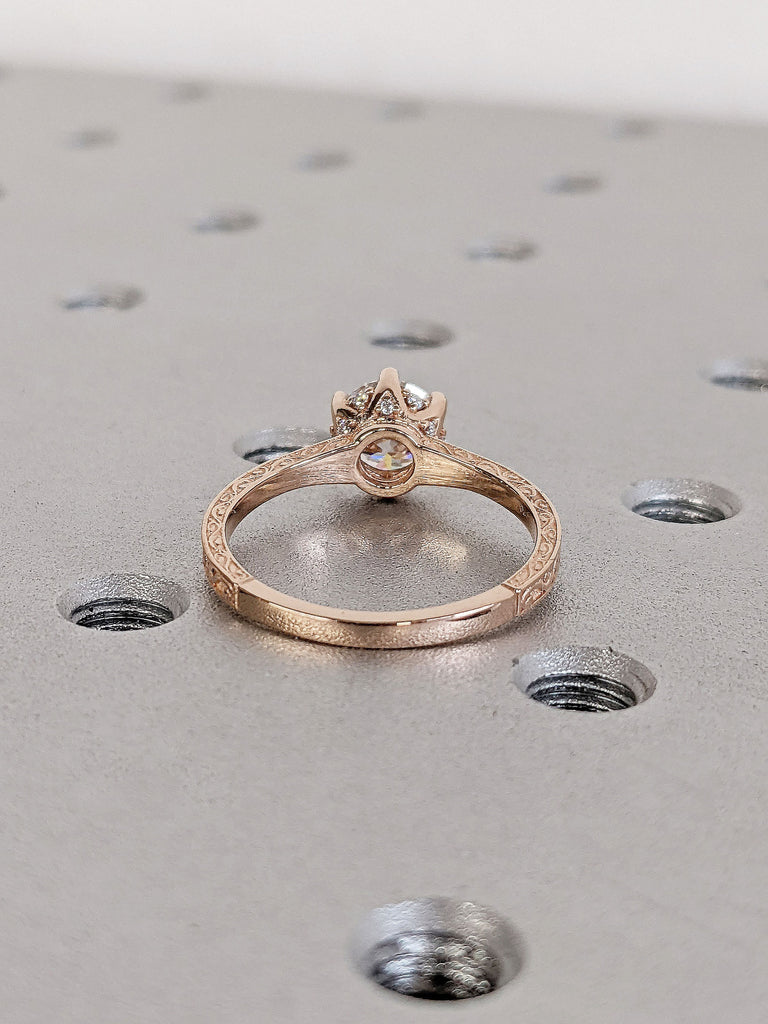 14k 18K Rose Gold Hidden Halo Vintage Inspired Hand Carved Filigree Women Wedding Ring
