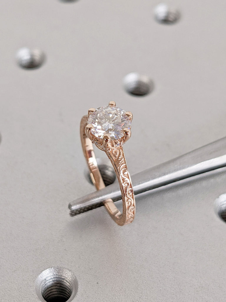 14K Rose Gold Filigree Engraved Moissanite Hidden Halo Wedding Anniversary Ring