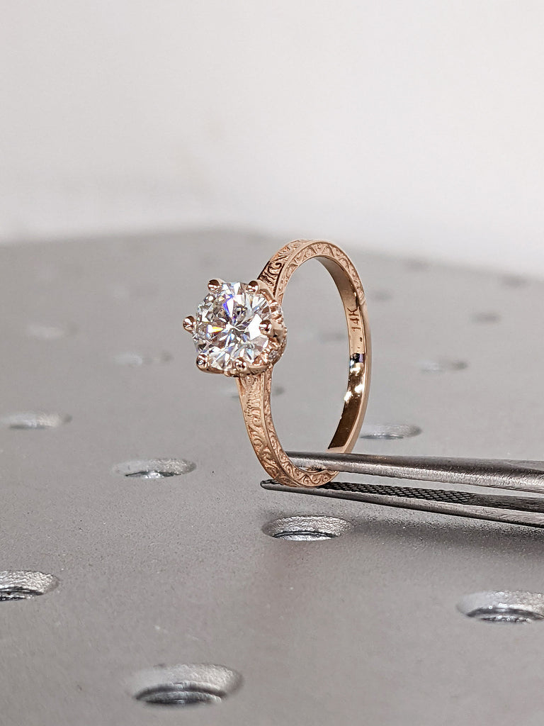 Vintage Inspired Rose Gold Lab Cultured Diamond Hidden Halo Women Proposal Ring | 14k 18k Rose Gold Filigree Engraved Wedding Band for Her