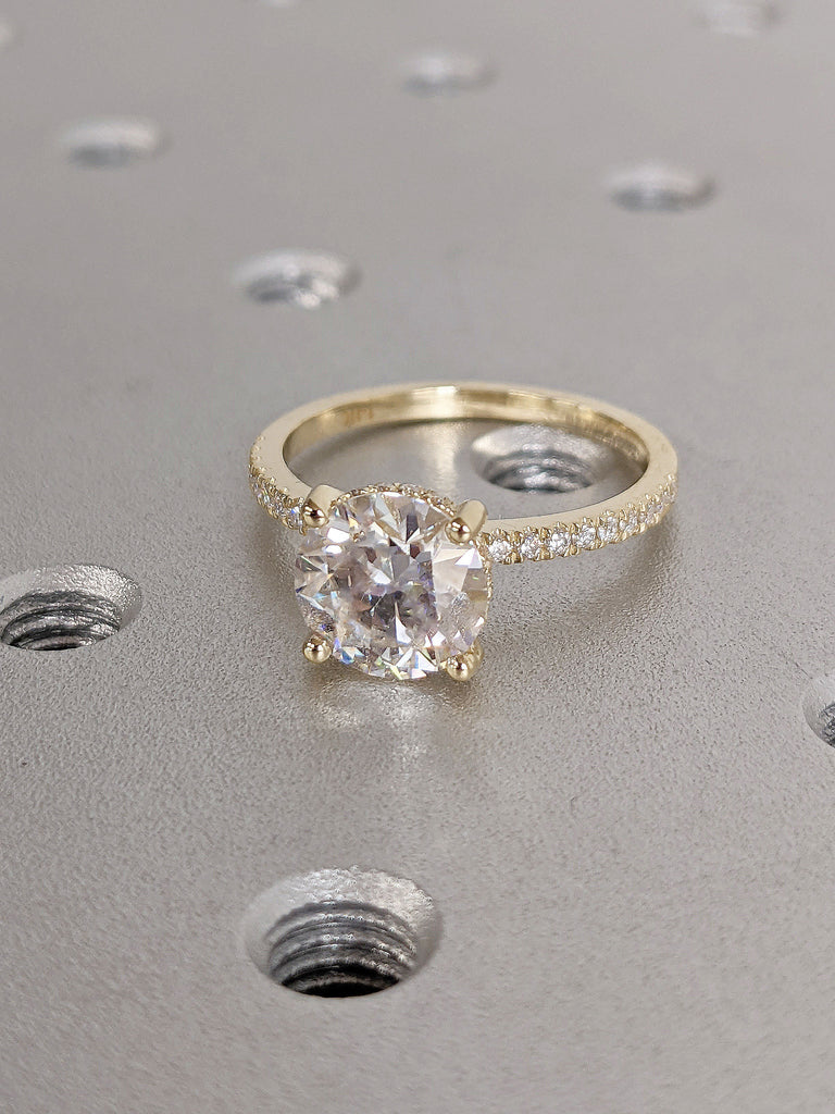 Round cut Moissanite Paved Diamond Hidden Halo Women Wedding Anniversary Ring | Real Gold Dainty Art Deco Bridal Band | Unique Gift for Her