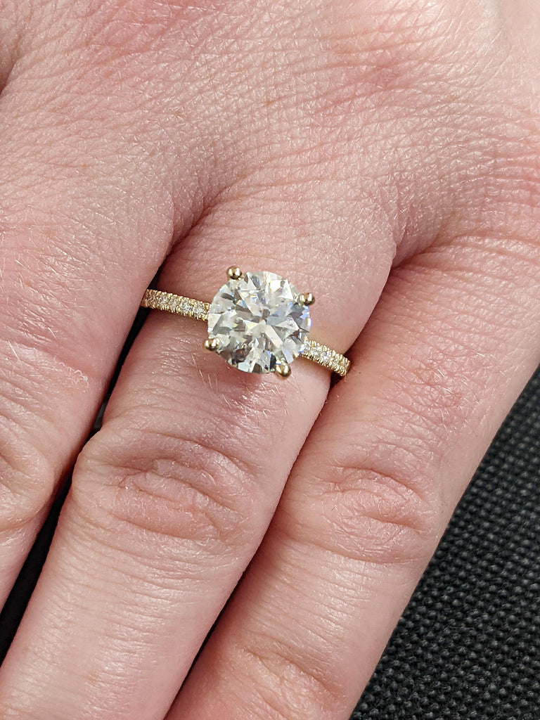 Round cut Moissanite Paved Diamond Hidden Halo Women Wedding Anniversary Ring | Real Gold Dainty Art Deco Bridal Band | Unique Gift for Her