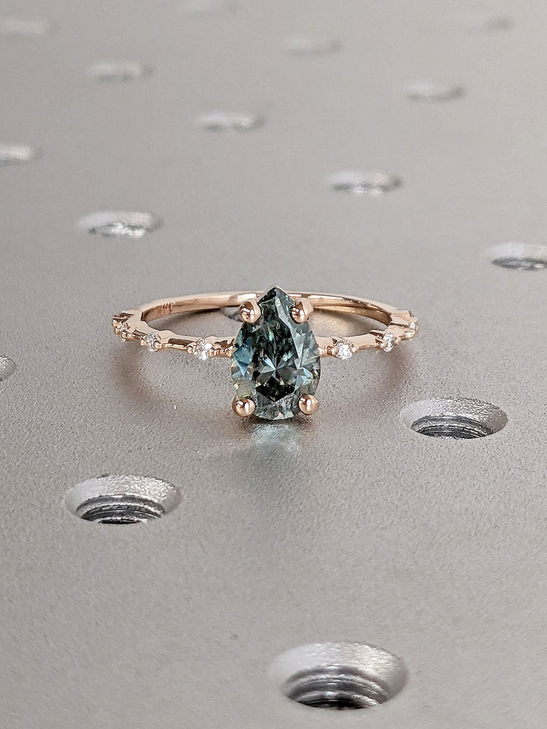 14K Rose Gold Floating Bubble Diamond Distanced Band. 1.5ct Green Moissanite Solitaire Proposal Ring