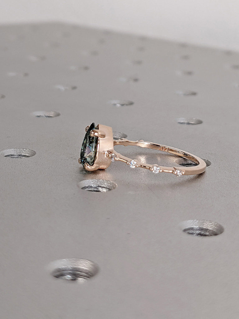 1.5ct Pear cut Green Moissanite Women Engagement Cocktail Ring | 14K Rose Gold Floating Bubble Diamond Distance Band | Dainty Proposal Ring