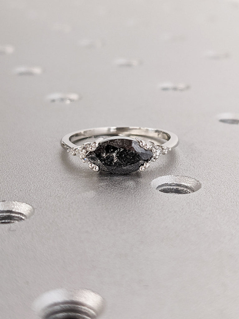 Multi Stone Salt and Pepper Diamond, Moissanite Cluster Promise Ring for Her. White Gold, Platinum Wedding Band