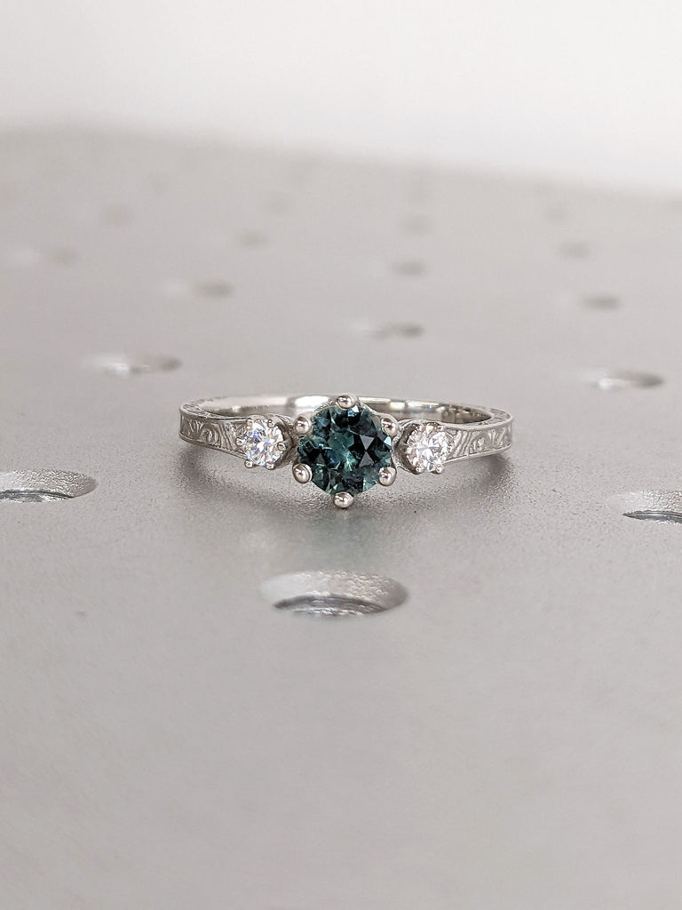 0.5ct Round cut Natural Montana Blue Green Sapphire Wedding Anniversary Cocktail Ring for Her | White Gold, Platinum Diamond Vintage Filigree Proposal Ring