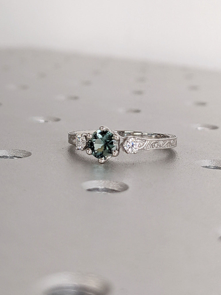 Round cut Natural Montana Teal Sapphire Engagement Cocktail Ring | White Gold, Platinum Moissanite Vintage Filigree Womens Wedding Ring