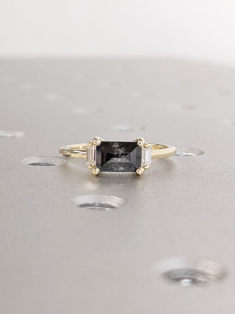 Baguette cut Natural Salt and Pepper Black Diamond Women Engagement Cocktail Ring | 14K 18K Yellow Gold Rectangle Moissanite Promise Ring