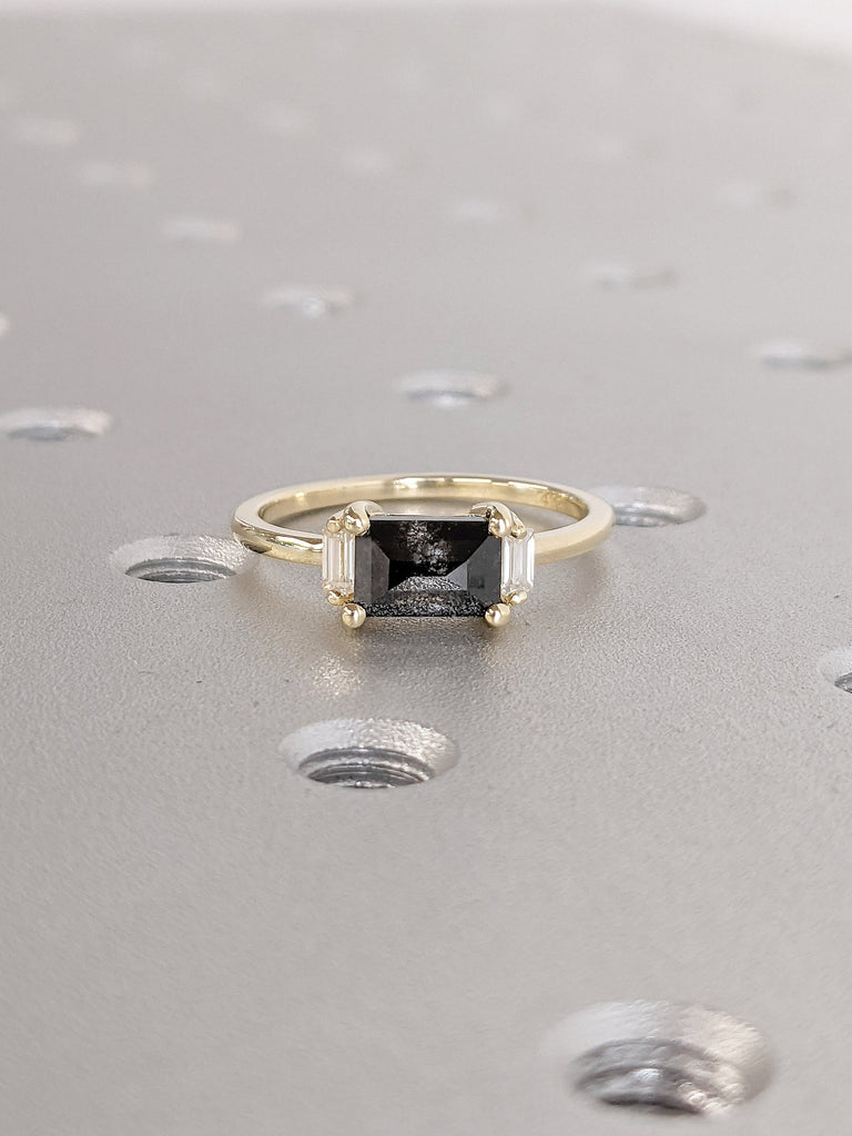 Baguette cut Natural Salt and Pepper Black Diamond Women Engagement Cocktail Ring | 14K 18K Yellow Gold Rectangle Moissanite Promise Ring