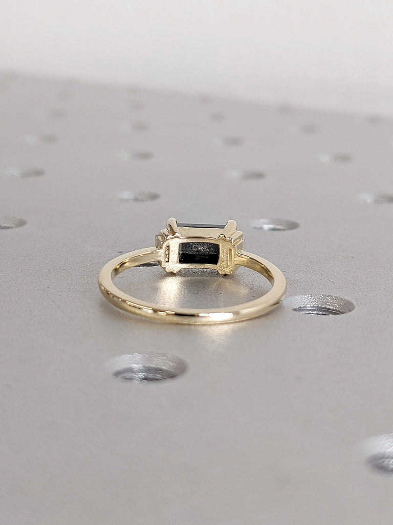 Baguette cut Natural Salt and Pepper Black Diamond Women Engagement Cocktail Ring | 14K 18K Yellow Gold Rectangle Moissanite Promise Ring