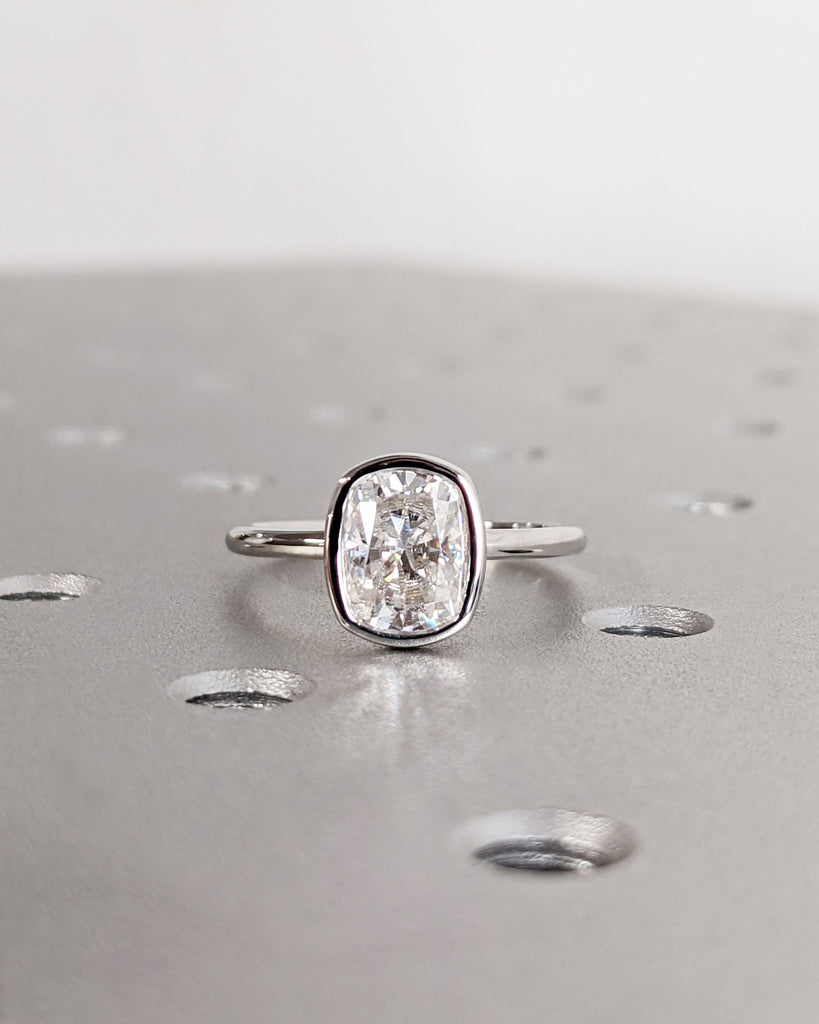 Elongated Cushion Cut Engagement Ring | Solitaire Bezel Set Lab Diamond Ring | 14K White Gold Ring | Unique Anniversary Gift Bridal Jewelry