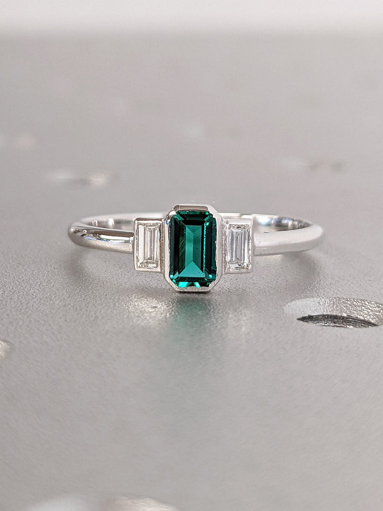 Vintage Emerald cut Lab Grown Emerald Solitaire Women Engagement Cocktail Ring | Art Deco White Gold Bezel Set Baguette Diamond Promise Ring