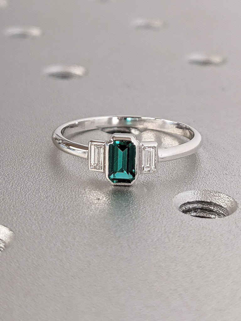 Vintage Emerald cut Lab Grown Emerald Solitaire Women Engagement Cocktail Ring | Art Deco White Gold Bezel Set Baguette Diamond Promise Ring