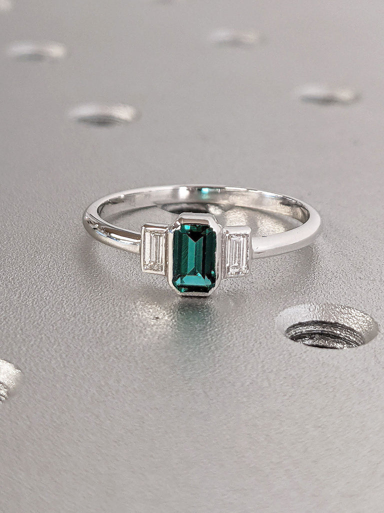 Unique May Birthstone Baguette Cut Lab Emerald Ring for Her | Bezel Set Emerald Proposal Anniversary Ring For Women | Antique Solitaire Ring