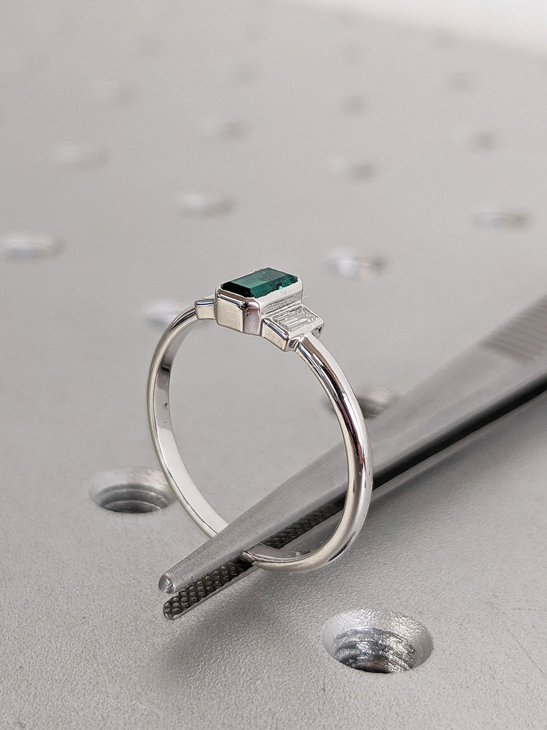 Vintage Emerald cut Lab Grown Emerald Solitaire Women Engagement Cocktail Ring | Art Deco White Gold Bezel Set Baguette Diamond Promise Ring